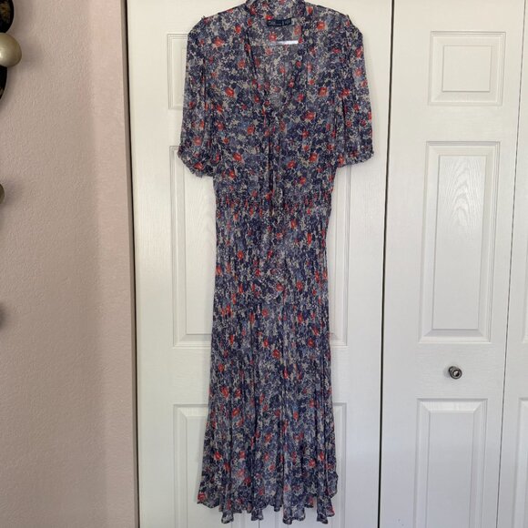 Polo Ralph Lauren Blue Floral Maxi Dress XL Boho-Chic Tie Neck Smocked Waist - Picture 3 of 13